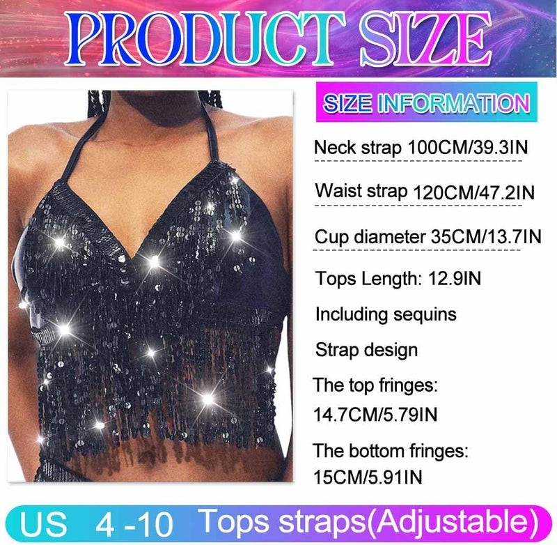Nicute Silver Sequin Top Fringe Bra Top Sparkly Belly Dance Tops for Women - Image 4